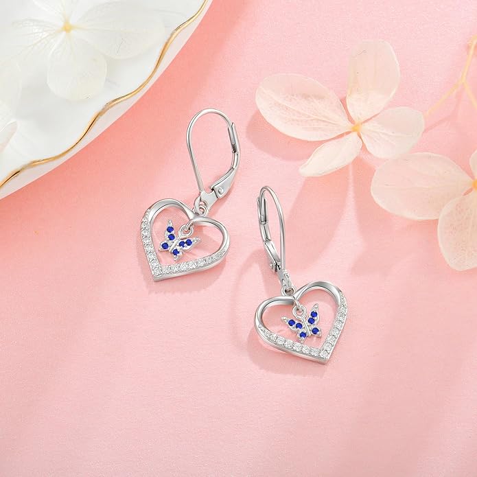 Butterfly Birthstone Heart Dangle Drop Earrings, 925 Strlings Silver 5A Cubic Zircon Leverback Earrings Jewelry Anniversary Birthday Gifts for Women