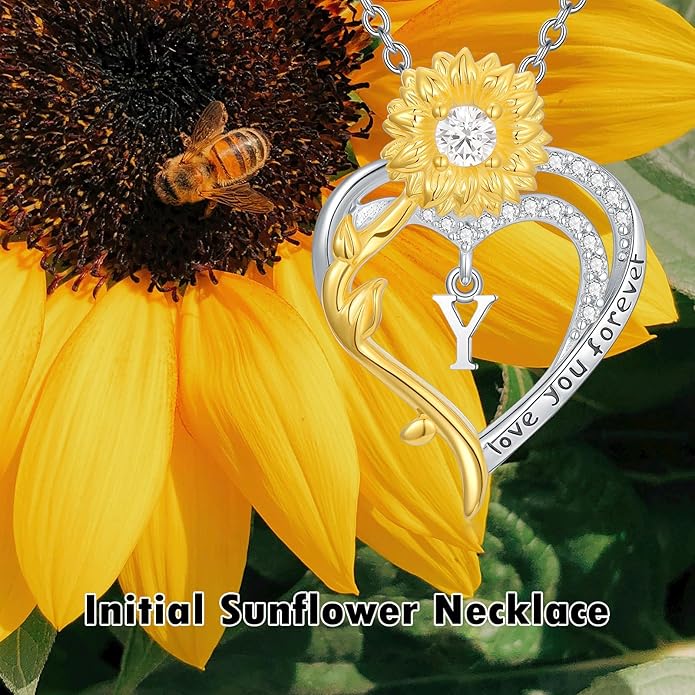 Initial Necklace 925 Sterling Silver Sunflower Heart Letter Pendant Alphabet Anniversary Birthday Jewelry Gifts for Women Mom Girlfriend Wife Her
