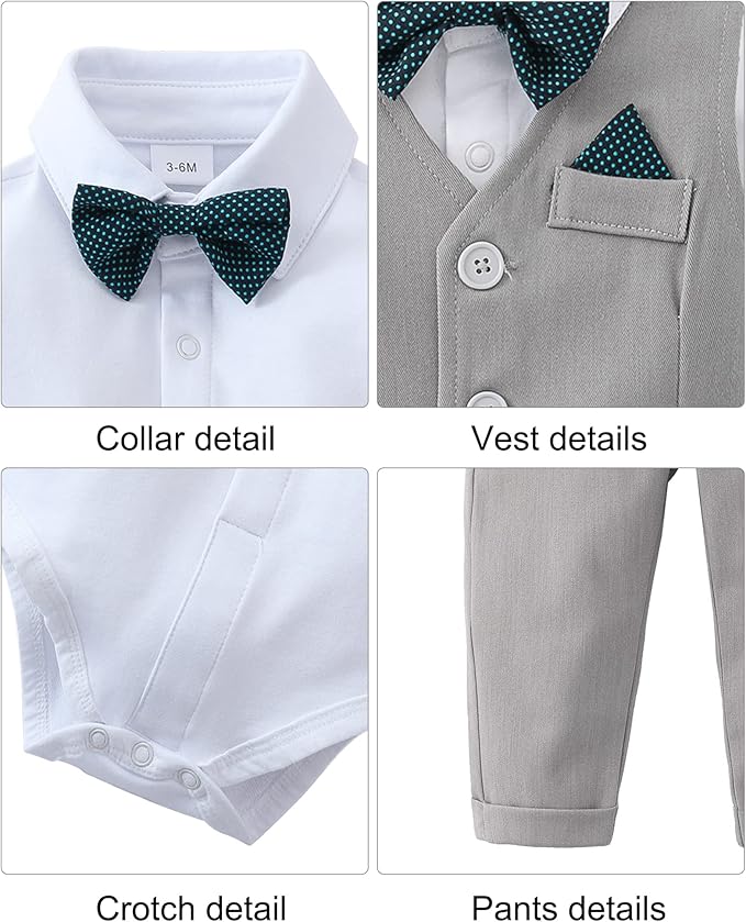 DISAUR Baby Boy Clothes Toddler Boy Outfits 4PCS Gentleman Dress Romper/Vest/Pants/Bow Tie Cotton Suit Sets