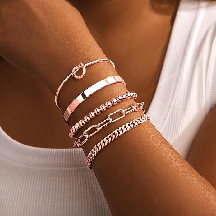 Gold Bracelets Set for Women Non Tarnish, 14K Gold Plated Sterling Silver Chunky Cuff Bracelet Stackable Gold Bangles Bracelet for Women Trendy Fashion Accessories Tie Knot Cuban Rope Paperclip Beaded Bracelet Stack Jewelry Valentines Day Gifts