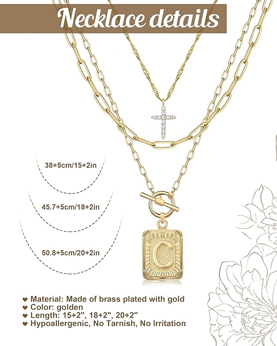 MJartoria Layered Initial Necklaces for Women Trendy, 14K Gold Plated Brass Simple Dainty Cross Choker Square Letter Pendant Necklace, Paperclip Chain Necklaces Jewelry