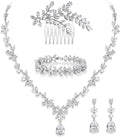 Crysdue Wedding Jewelry Set for Women, Floral Leaf Vine Teardrop Necklace Dangle Earrings Bracelet and Hair Comb, Cubic Zirconia Elegant Party Prom Jewellery for Bridal Bridesmaid