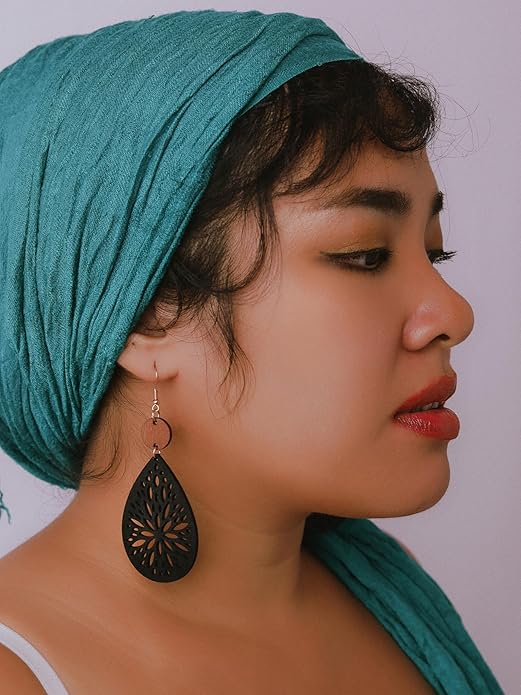 MINACHI Bohemian Hollow Cut-Out Wood Leather Dangle Drop Earrings, Boho Chic Hippie Statement Jewelry Gift for Women