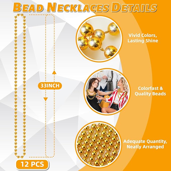 YAXINRUI 12 PCS Gold Bead Necklaces, Christmas Bead Necklaces, Gold Mardi Gras Beads, 33 Inch Round Beaded Necklaces for Mardi Gras Party Christmas New Year Eve Festive Events, Party Favors