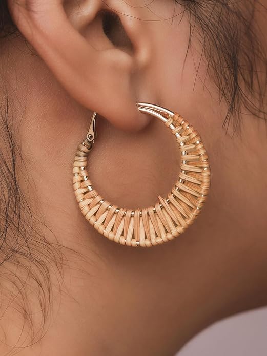 MINACHI Boho Handwoven Rattan Hoop Earrings, Bohemian Summer Beach Statement Jewelry Gift for Women (2)