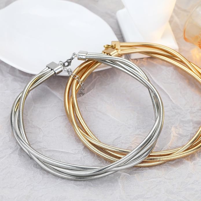 Chunky Gold Necklace for Women, Bold Big Wrap Choker Necklace for Women Gold Statement Necklace Lightweight Alloy Non-Tarnish Silver/Gold Collar Necklace Gold Choker Necklace Valentines Day Gifts for Her