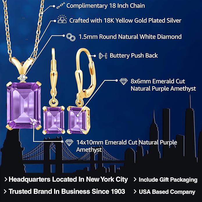 Gem Stone King 9-13 Cttw Pendant and Earrings Jewelry Set For Women | Emerald Cut 14X10MM and 8X6MM | Round 1.5MM | Gemstone Birthstone and Diamond | 925 Sterling Silver | 18 Inch Silver Chain