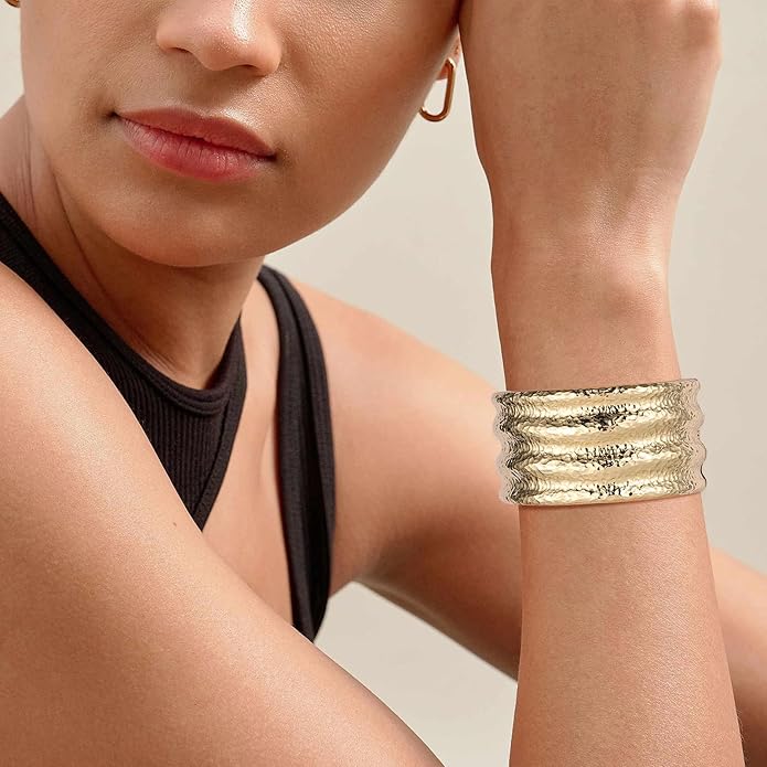 HZMAN 18K Gold Plated Wide Cuff Bracelet for Women - Premium Alloy Shiny Polished Double Layer Statement Bangle, Trendy Daily Wear Party Jewelry Accessory
