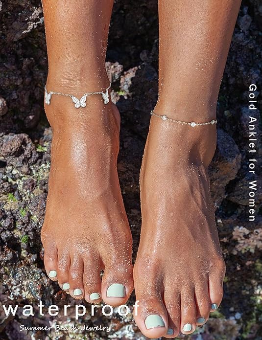 RLMOON Gold Anklets for Women CZ Ankle Bracelet 14K Gold/Silver Plated Waterproof Dainty Layered Tennis Heart Dot Chain Silver Anklets Trendy Foot Jewelry