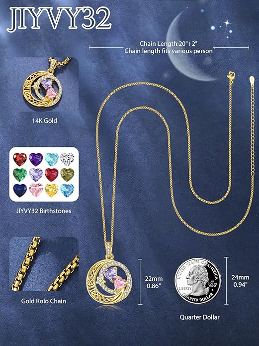 14K Gold Moon and Star Necklace Gifts for Women - Double Heart Birthstone Necklace, Valentines Wedding Anniversary Birthday Gifts for Her Wife Mom Daughter Grandma Sister