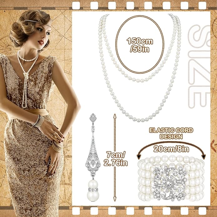 Maitys 3 Pcs 1920s Pearl Jewelry Set Includes Vintage Flapper Earrings Multilayer Imitation Pearl Necklace Bracelet for Women