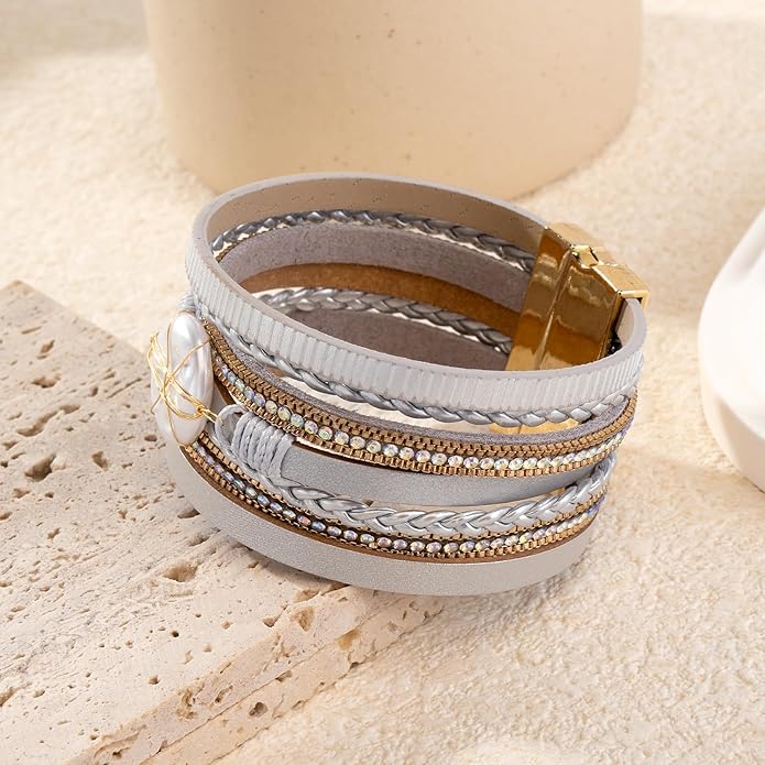 Wrapped Bracelets for Women,Leather Bracelet,Boho Bracelets for Women,Multi-Layer Pearl Crystal Bracelet Bangle Jewelry