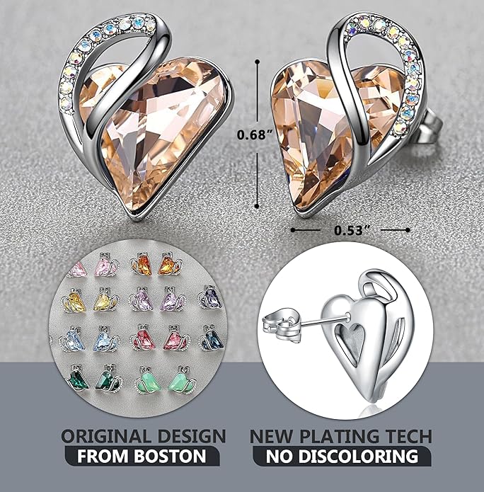 Leafael Infinity love Heart Birthstone Stud Earrings for Women, Valentine's Day Gifts for Mom, Wife, and Her, Silver Plated Birthday Jewelry