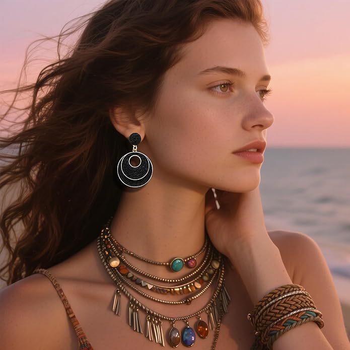 Raffia Hoop Earrings for Women - Boho Straw Wiker Dangle Drop Earrings for Summer Beach, Bohemian Trendy Rattan Jewelry
