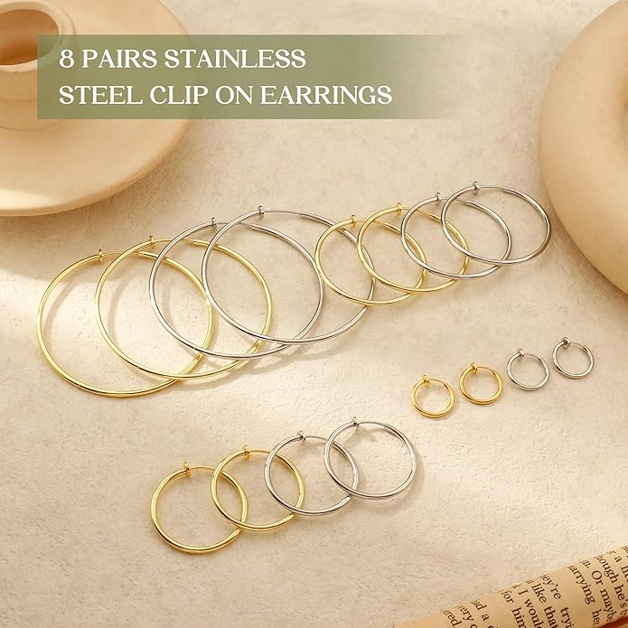Magitaco 8 Pairs Clip On Hoop Earrings Stainless Steel Clip On Earrings for Women Fake Hoop Earring Spring Hoop Earring For Non-Pierced Ears