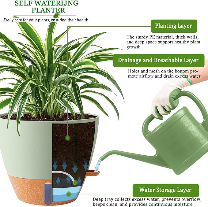 2 Pack 10 inch Plant Pots, Plastic Self Watering Planters | Drainage Holes - Image 3