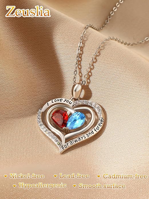 Valentine's Day Gifts for Wife 925 Sterling Silver Double Birthstone Pendant Necklaces I Love You for Always and Forever Necklace Anniversary Birthday Gifts for Wife Girlfriend Mom Her