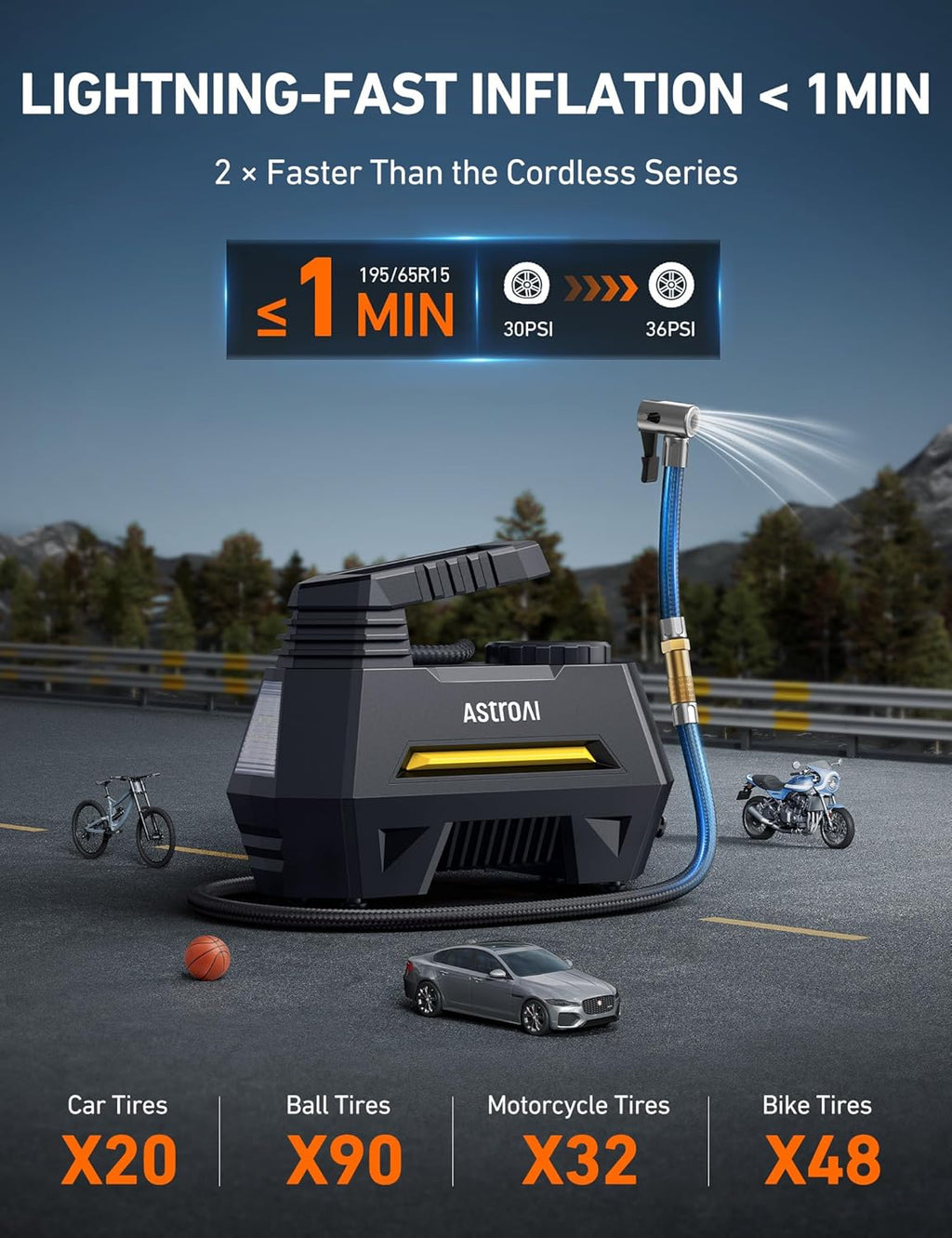 AstroAI Tire Inflator Portable Air Compressor Air Pump for Car Tires-Car Accessories, 9.8Ft Cord-12V DC-Powered Auto Pump with Digital Pressure Gauge, Emergency LED Light for Bicycle, Balloons, Yellow