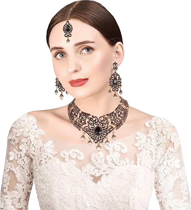 Touchstone Indian jewelry sets for women tikka wedding necklace costume guest statement bollywood rhinestones crystal faux pearls gold big royal neck piece set bridal fashion accessories