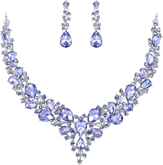 BriLove Women's Wedding Bridal Austrian Crystal Teardrop Cluster Statement Necklace Dangle Earrings Jewelry Set