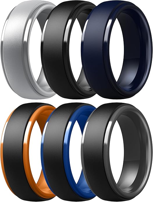 ThunderFit Silicone Rings for Men - 7 Rings / 4 Rings / 1 Ring Step Edge Rubber Wedding Bands 10mm Wide - 2.5mm Thick