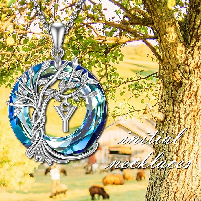 TOUPOP Gifts for Women Tree of Life Necklace 925 Sterling Silver Initial Pendant Family Tree Crystal Jewelry Valentine's Day Birthday Gifts for Her Mom Wife Girlfriend Daughter