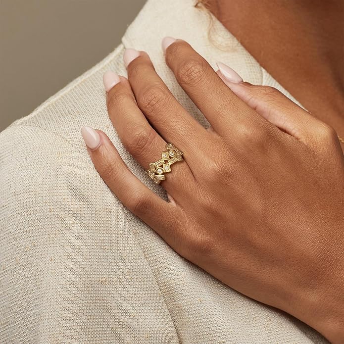 KissYan Gold Rings for Women, 14K Gold Plated Adjustable Statement Irregular Geometric Diamond Twisted Open Stackable Band Chunky Finger Rings Dainty Cubic Zirconia Jewelry Gifts