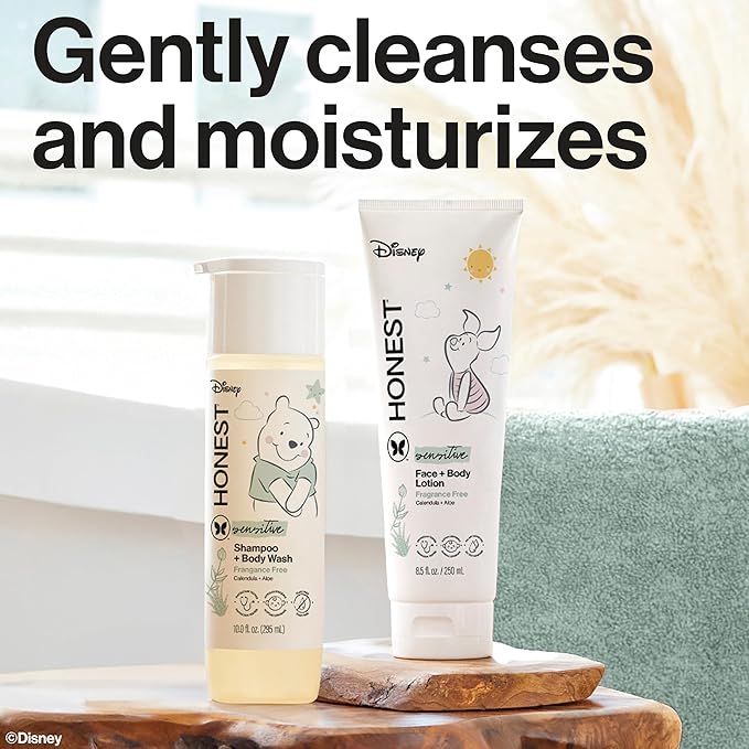 The Honest Company 2-in-1 Cleansing Shampoo + Body Wash and Face + Body Lotion Bundle + Disney Design | Gentle for Baby | Dermatologist Tested | Sensitive Fragrance Free, 18.5 fl oz