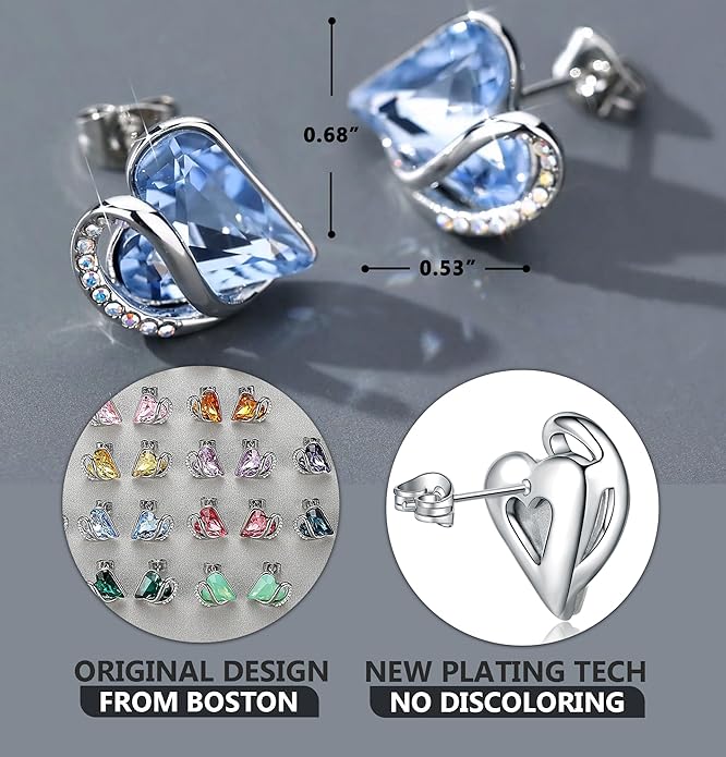 Leafael Infinity love Heart Birthstone Stud Earrings for Women, Valentine's Day Gifts for Mom, Wife, and Her, Silver Plated Birthday Jewelry