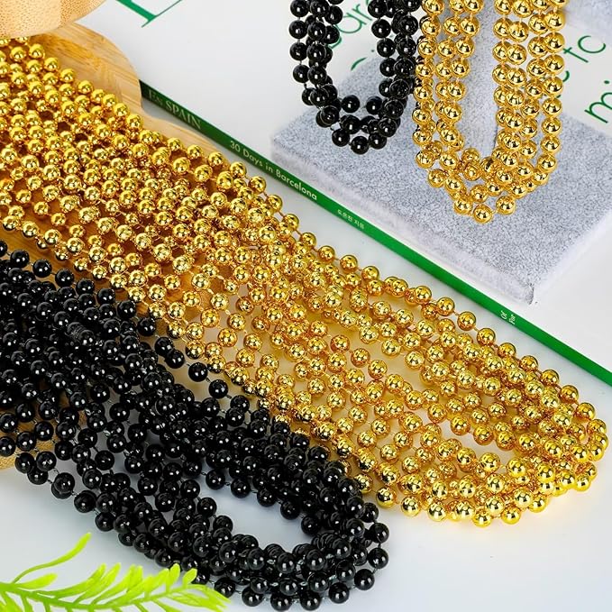 144PCS New Years Eve Bead Necklace, Black Gold Bead Necklace Party Supplies, 33" New Years Eve Necklaces Costume Set, Festival Parade Throw for Mardi Gras New Years Celebrations Decorations