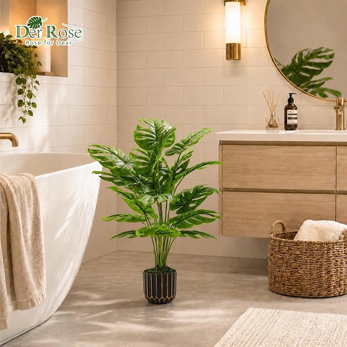 Der Rose 28" Fake Plants, Monstera Plant in Black Gold Pot - Image 2