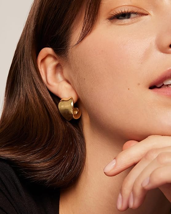 PAVOI 14K Gold Plated 925 Sterling Silver Posts Statement Earrings for Women - Geometric Dome Teardrop Drop Dangle Hoop Chunky Gold Earrings