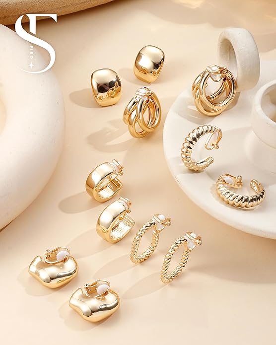FIBO STEEL 10 Pairs Clip On Earrings for Women Non Pierced Ears CZ Pearl Knot Twist Chunky Hoop and Studs Earring Set Ear Clips Jewelry 14K Gold Plated