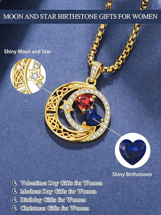 14K Gold Moon and Star Necklace Gifts for Women - Double Heart Birthstone Necklace, Valentines Wedding Anniversary Birthday Gifts for Her Wife Mom Daughter Grandma Sister