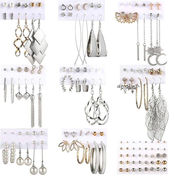 Earrings for Women, Funtopia 68 Pairs Drop Dangle Earrings, Fashion Statement Stud Earrings Pearl Earrings Set for Party Jewelry(Gold and Silver)