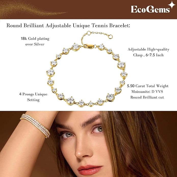 EcoGems Lab Grown Gemstone & Moissanite Bracelets – 14K/18K White or Yellow Gold Plated Sterling Silver – D Color VVS/VS Clarity – Elegant Sustainable Jewelry Gift with Gift Box