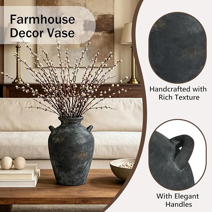 Ceramic Vase with Handles, 9.2 Inch Black Vase - Image 3