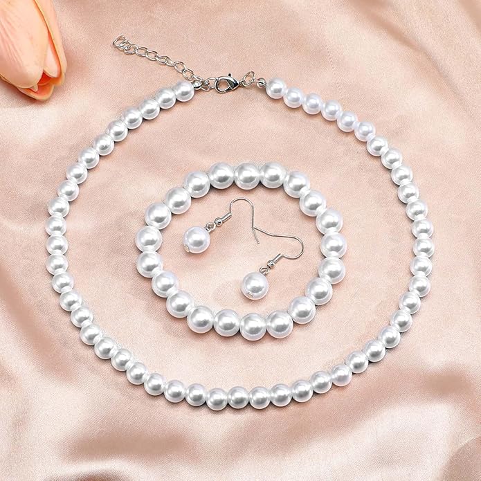 4 Sets Pearl Necklace Bracelet Earrings Set, Classic Faux Pearl Jewelry Set, Pearls Costume Jewelry for Women Brides Bridesmaid Wedding Party