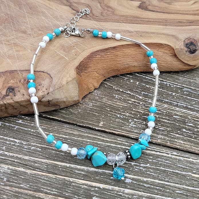 BESHEEK Blue Turquoise and Glass Artisan Beaded Anklet with Extension | Adjustable Handmade Hypoallergenic Beach Tropical Style Jewelry