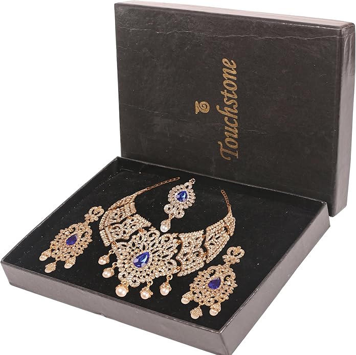 Touchstone Indian jewelry sets for women tikka wedding necklace costume guest statement bollywood rhinestones crystal faux pearls gold big royal neck piece set bridal fashion accessories