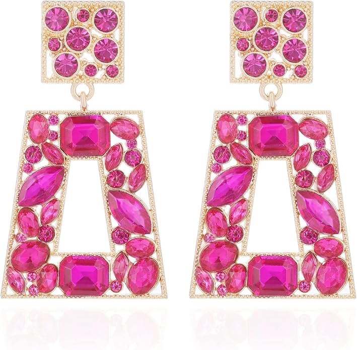 Rhinestone Rectangle Statement Earrings Colorful Crystal Geometric Drop Dangle Earrings for Women Prom Party