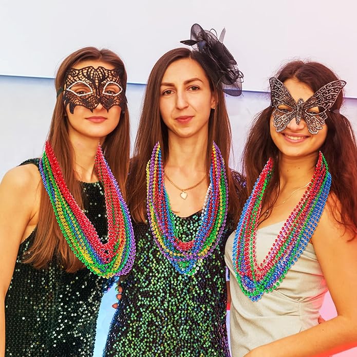 144 Pcs Mardi Gras Beads Bulk, 33 Inch 7mm Carnival Beaded Necklaces Decorations For Mardi Gras Festivals, Mardi Gras Parades, Night Club Dress-up Events Party Costume