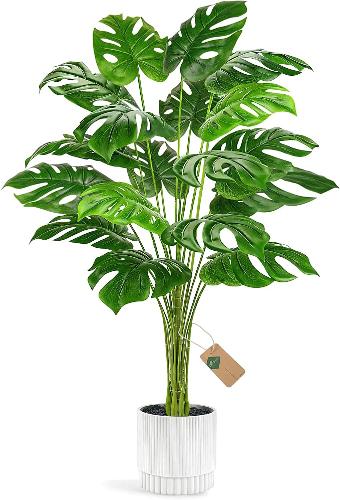 Der Rose 44" Artificial Plants Indoor, Monstera Floor Plant in White Pot | by DerRose