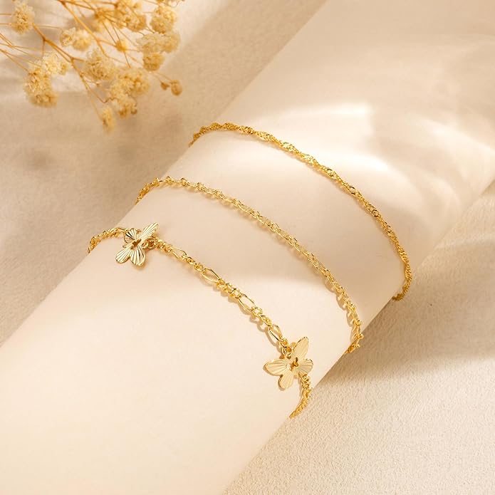 DEARMAY Dainty 14K Gold Plated Ankle Bracelets for Women, Waterproof 14K Gold Plated Link Chain Anklets Non Tarnish Set Pack Summer Beach Jewelry Gift