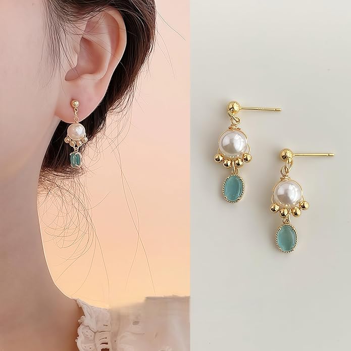 Hupplle Handmade Vintage Boho Dangle Earrings with Natural Stone Crystal Pearl Lightweight Hypoallergenic Elegant Jewelry Gifts for Women