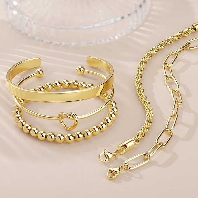 Gold Bracelets Set for Women Non Tarnish, 14K Gold Plated Sterling Silver Chunky Cuff Bracelet Stackable Gold Bangles Bracelet for Women Trendy Fashion Accessories Tie Knot Cuban Rope Paperclip Beaded Bracelet Stack Jewelry Valentines Day Gifts