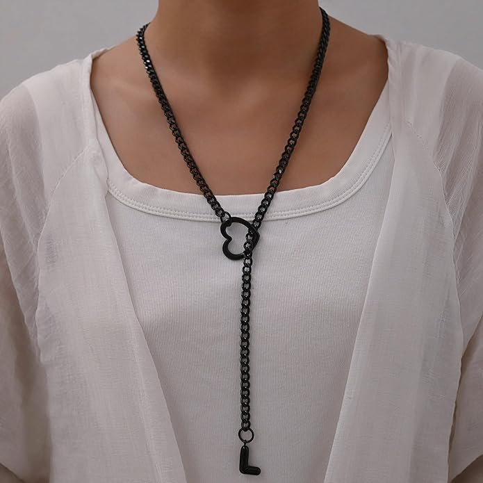 Black Heart Slip Chain Initial Necklaces for Women,Stainless Steel O-Ring Adjustable Lariat Heart Y-Necklace,Punk Gothic Cuban Collar Choker Necklace for women