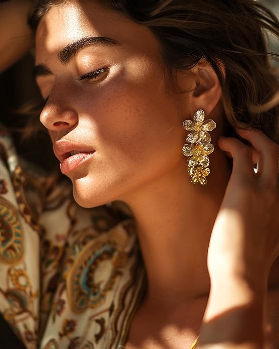 18K Gold Plated Large Chunky Flower Statement Earrings for Women by SNGIA, Summer Beach Floral Handmade Drop Jewelry, Maximalist Wedding Date Birthday Gift, Bold Exaggerated Textured Dangle Trendy Ribbed Jewelry, 18K Gold Plated Chandelier Fashion Acce...