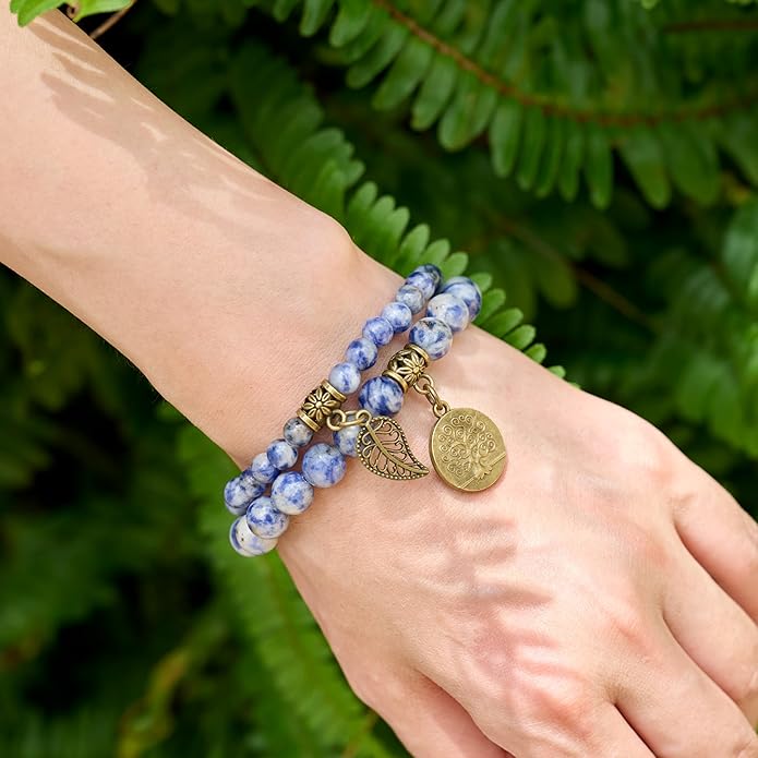 Bivei Natural Semi Precious Gemstone beads bracelet for women - Life Tree and Leaf Charm Energy Reiki Crystal Stretch Bracelets