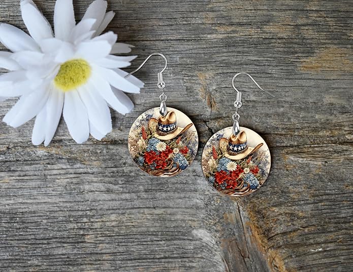 Round Wood Earrings Light Weight Printed Image Dangle Jewelry